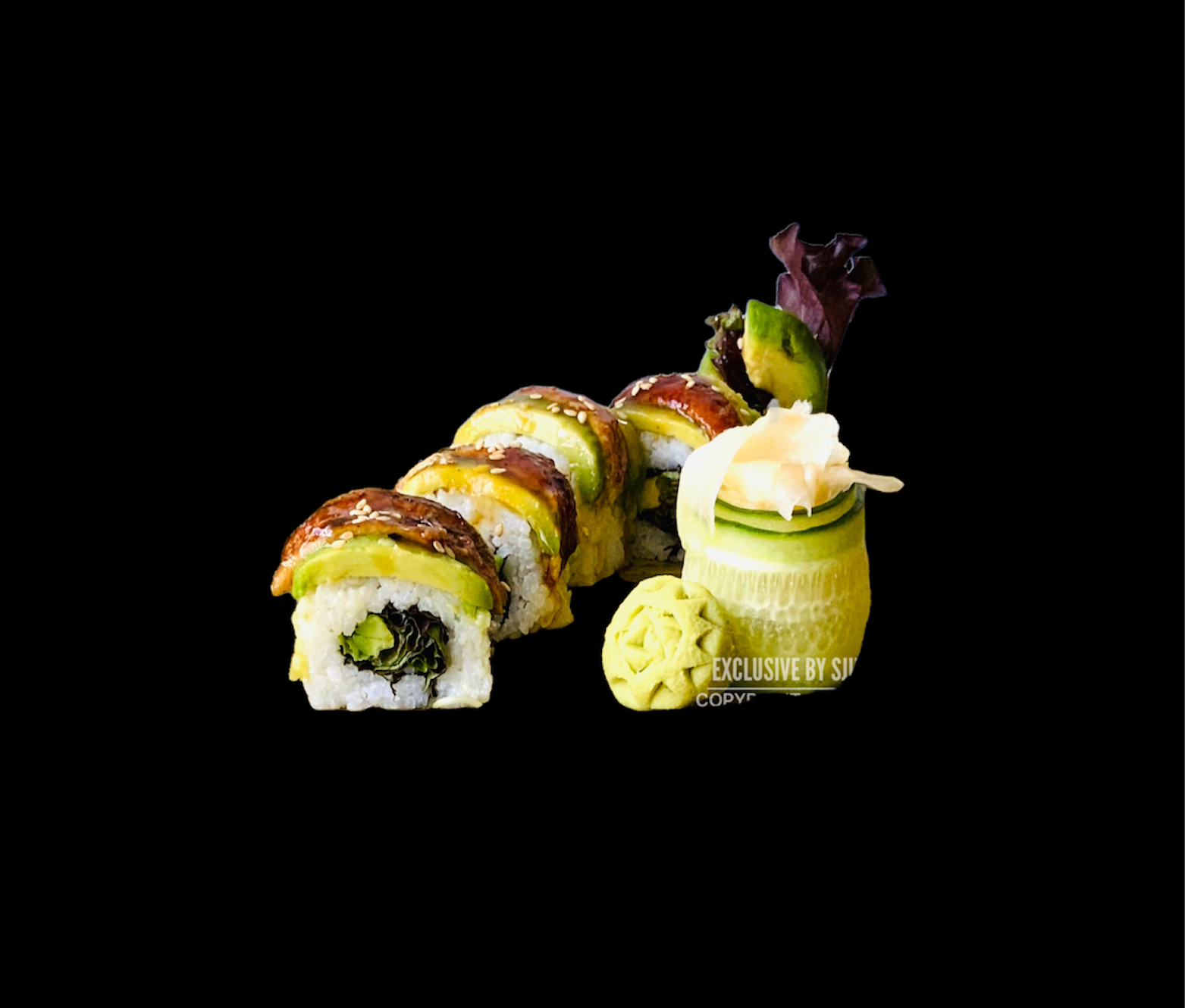 Op eikenhout gerookte aal met huisgemaakte yuzu dressing, verfraaid de smaak van deze Nigiri’s.