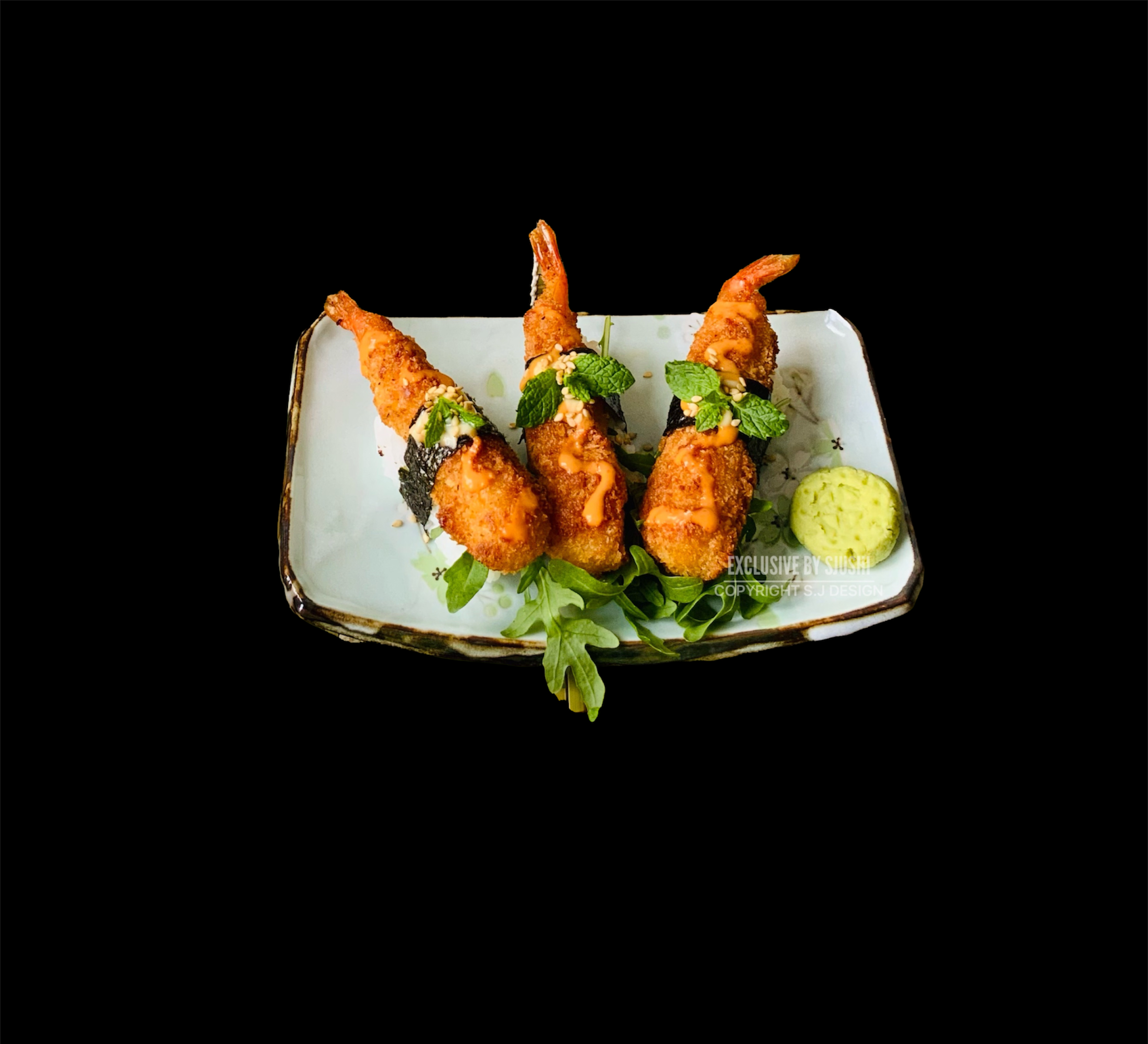 Op eikenhout gerookte aal met huisgemaakte yuzu dressing, verfraaid de smaak van deze Nigiri’s.